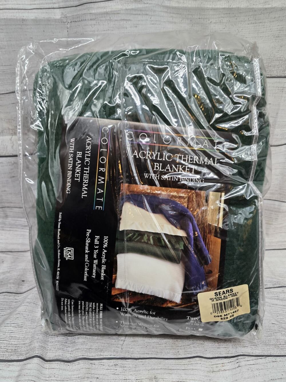 Vintage Sears Colormate Queen 90 X 90 Hunter Green Acrylic Thermal Blanket NOS